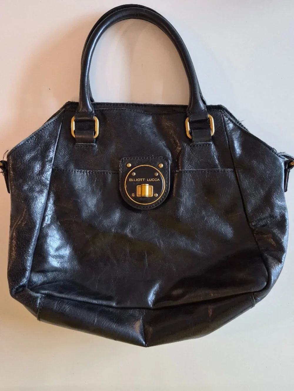 Elliott Lucca Black Genuine Leather Satchel Gold Turn Lock Handbag Purse
